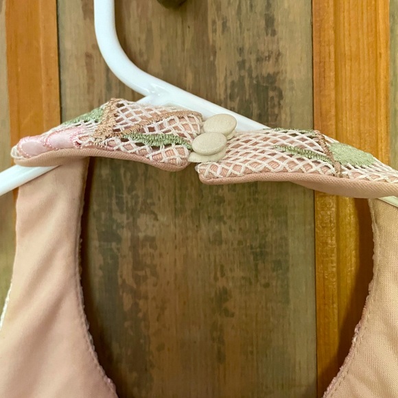 Cream dress with embroidered pink floral overlay. Sheer from knees down. - Picture 2 of 6